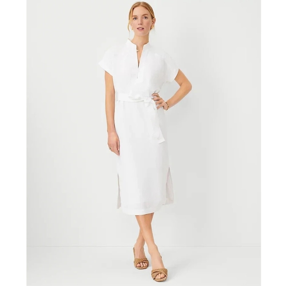 Ann Taylor Dress Split Neck Dolman Midi S White Linen Blend Belted Minimalist